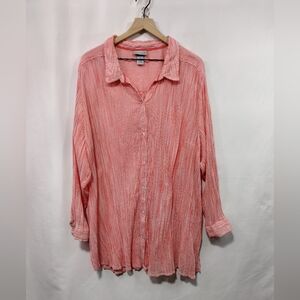Catherines Pin Stripped Crinkle Button Down Shirt Womens 4X Red Casual Comfy